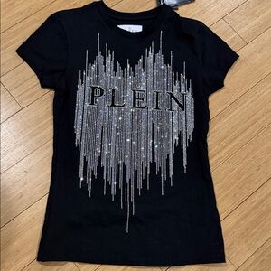 Philipp Plein Black Tee with Silver Crystal Embellishments